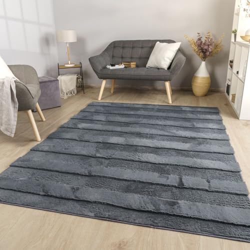 TT Home Wohnzimmer Teppich Esszimmer Langflor Skandi Optik Geometrisch 3D Unifarben, Farbe:Grau Anthrazit, Größe:160x220 cm