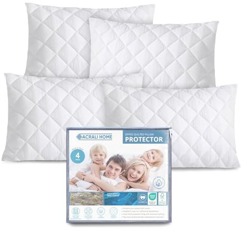 ACRALI HOME Quilted Pillow Protectors 4 Pack Zipped - 50x75 cm Microfiber Pillowcase Protectors Hypoallergenic Zipped Pillow Protectors, Soft Breathable Luxurious Pillow Cover for Comfy Sleep