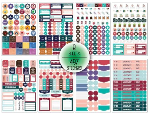 Ta Marry Bullet Journal Aufkleber 8 Blatt (497Stk) Kalender Journal Planner Zubehör Sticker Set Erwachsene für Fotoalbum,Kalender,Journaling,Lebenskompass(planning 1)