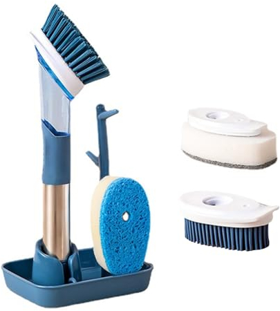 SacJkt Washing Up Brushes and Sponge Set, Dish Brush with Soap Dispenser and Holder, Scrubbing Brush with Handle, Space Saving, 3 Brush Replacement Heads, Ideal for Dishes Sink Pot Pan (Blue)