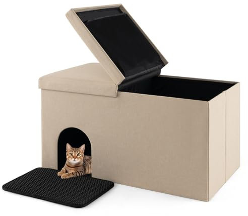 GYMAX Maison de Toilette pour Chat & Niche pour Chien & Tabouret 3-en-1, pour Bac à Litière, Meuble Litière 2 Compartiments avec Filtre à Charbon & Tapis Intérieur & Couvercle Rabattable Imperméable