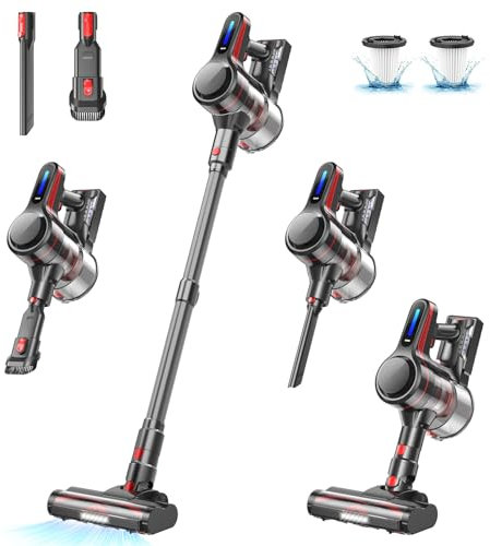 CHEBIO Cordless Vacuum Cleaner, Stick Vacuum with 26Kpa Powerful Suction, 45Mins Runtime Rechargeable Vacuum, Anti-Tangle & 1.5L Dust Cup, 6-in-1 Lightweight Vacuum for Hardwood Floor/Carpet/Pet Hair