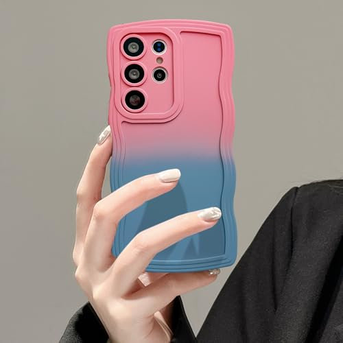 UEEBAI Coque pour Samsung Galaxy S24 Ultra 5G, Wave Frame Silicone Étui en Dégradé de Couleur, Housse de Protection Antichoc TPU Bumper Cover, Étui de Téléphone Anti-Rayures pour Femmes, Rose Bleu