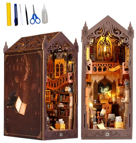 XPJBKC Book Nook,Puppenhaus Holz,Miniatur Haus,Booknook mit Sensor Led Licht und Staubschutzplatte,DIY Miniature House,3D Puzzle Bücherecke, Bücherregaleinsatz für Erwachsene Teens,Magic Bibliothek