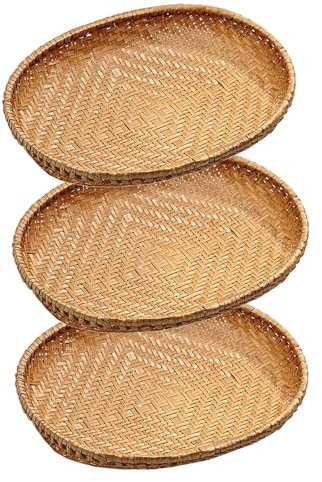 Hotfiary Panier en Bambou Tressé 1/3/5 Pièces, Panier à Pain Ovale Fait Main, Panier à Fruits en Osier Plat, Panier à Légumes Empilable, Plateau de Service Rustique Décoratif pour la Cuisine