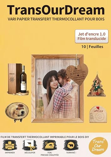TransOurDream 10 Feuilles * A4 Papier Transfert pour Bois 1.0- Film Transparent, Photo ou Image thermocollants, Imprimable, Imprimantes Jet d'encre, DIY, Cadeau personnalisé fête, FR-Bois-1.0