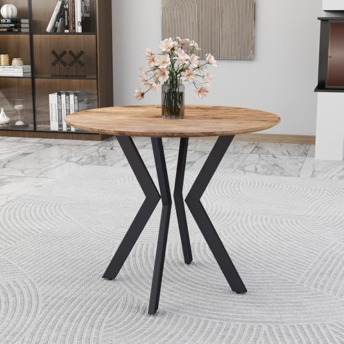 GOLDFAN Esstisch Rund in Schreibtisch mit Holzmaserung Esstisch Holz Küchentisch Moderner Tisch Wohnzimmertisch mit Stahlbeinen Schwarz 80cm