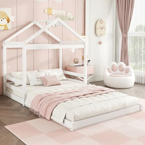 Kayan Kinderbett Bodenbett 140 x 200 cm mit Rausfallschutz & Lattenrost, Hausbett aus Kiefernholz, Holzbett für Kinder, Jungen und Mädchen, ohne Matratze (Weiß)