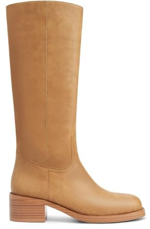 Gothictor Women's Banana Knee High Boots Square Toe Chunky Block Heel Comfortable Low Heel Pull on Wide Calf Riding Long Boots for Women 8