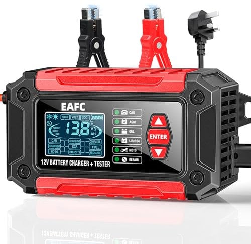 EAFC 12V 6A Smart Car Battery Charger & Tester with LCD Display – Auto Diagnostic Tool for Cars, Motorcycles, Trucks & AGM/LiFePO4 Batteries