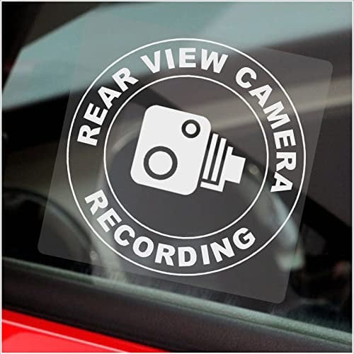 1 x Rear View Camera Recording Sticker Window CCTV Security Signs Round Warning Dash Cam Car Taxi Go Pro White on Clear 100x100mm C28 (Externally to Smooth Surfaces)