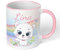 Kinder-Tasse mit Namen „Weiße Katze mit Regenbogen-Motiv“ – personalisierte Tasse für Mädchen - rundum bedruckt – schönes Geschenk zu Weihnachten, Geburtstag