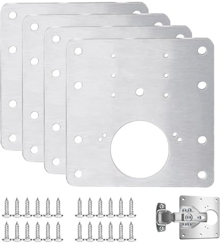 Wopanxye 4 Stück Scharnier Reparaturplatten, Schranktür Scharnier Reparaturset mit 24 Schrauben, Flache Edelstahl Küchenschrank Verbindungs Kleiderschrank Reparatur Winkel mit Löchern, 9x9 cm, Silber