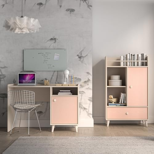 Lomadox Jugendzimmer Set 2-teilig in Sandbeige mit rosa fühlbare Holzstruktur Schreibtisch Sideboard Regal Softclose-Funktion modern