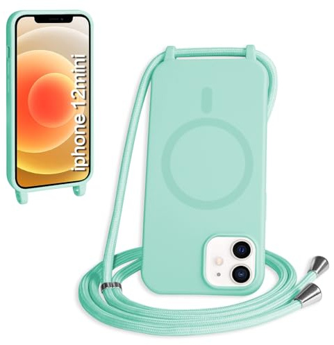FMPCUON Crossbody Lanyard Case for iPhone 12 Mini,Wireless Charging Shell with Adjustable Neck Cord Lanyard Strap Stylish Shockproof Silicone,Mint green