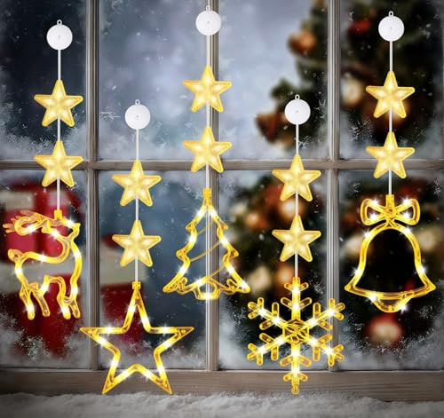 Anstore LED Fensterdeko Weihnachtsbeleuchtung mit Saugnäpfe, 5er Set LED Weihnachtsdeko Fenster Innen Weihnachtsbaum, Sterne, Schneeflocken, Glocke, Hirsche mit Saugnäpfe, Warmweiß Fensterbeleuchtung