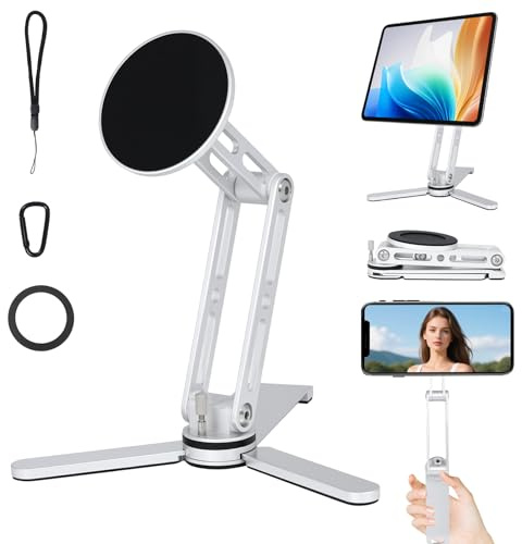 AURTEC Magnetisches Handy-Stativ, Premium Aluminiumlegierung mit 360° Rotation, Klappbar & Höhenverstellbar, N52 Starkmagnet für iPhone 16/15/14/13/12, Magnetring für iPad, Tablets, andere Handys