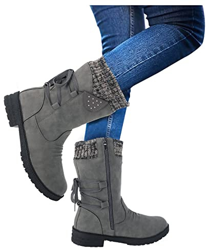 Stiefel Damen Retro Leicht Boots Rutschfest Halbschaft Weitschaftstiefel Vintage Blockabsatz Cowboyboots Winterstiefel - Freizeit Alltag Gr.36-43