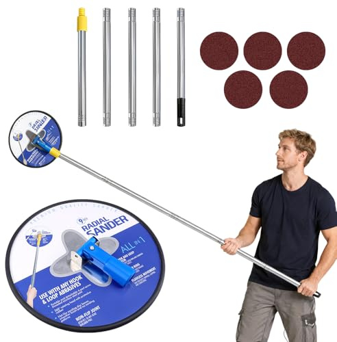 Drywall Pole Sander, 9 Inch Radial Round Wall Sander with Pole, 360 Circular Sanding Pole with 5pcs Sanding Sheets (100, 120, 150, 180, 240 Grit), for Wall Cleaning and Polishing