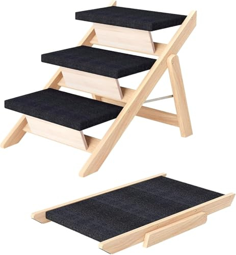 Escalera y Rampa 2-en-1 para Mascotas de Madera, Plegable y Portátil para Perros Pequeños/Medianos y Gatos, Escalera Antideslizante para Camas Altas, Sofás y Coches (Negro, 60 * 50 * 40CM, 3)