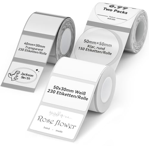 NIIMBOT 3 Rollen Etiketten für B1/B21/B3S Etikettendrucker, Weiß-50x30mm, Transparent-40x30mm, Rund-Transparent-50x50mm