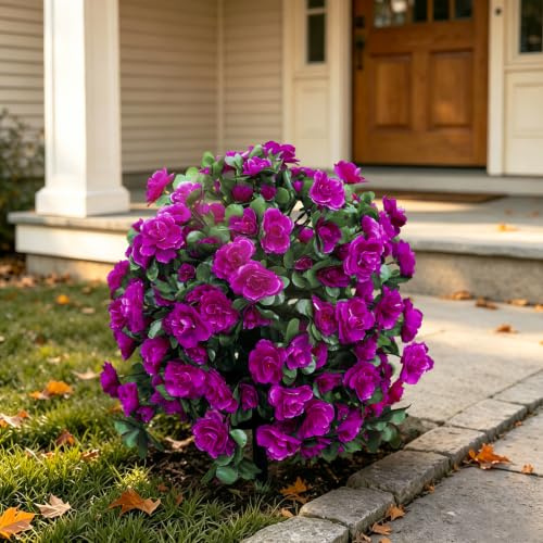 HSTEY Artificial Silk Azalea Flowers Topiary Ball with Ground Stake, Purple | Outdoor Faux Floral Bushes Shrubs, Home Garden Yard Patio Decor, UV Resistant