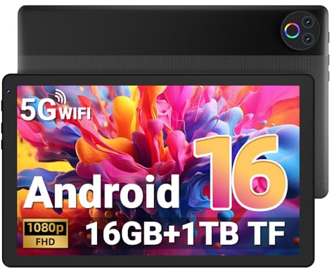 Gleeso Tablet|Android 16 Tablet 10 Inch|16GB RAM 1TB TF Android Tablets with Face Unlock|Widevine L1|BT 5.4/5G WiFi|5MP Dual Camera, OTG Tablet PC - Black