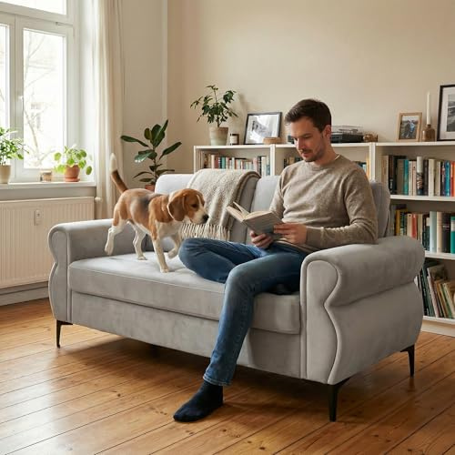Ball & Cast Kleine Couch, Mini Sofa mit Federkern für Wohnzimmer, Schlafzimmer, Wohnung & Büro, Hellgrau