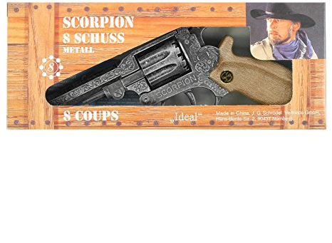 J.G.Schrödel Scorpion antik: Spielzeugpistole für Zündplättchen-Munition, in Box, passend für Cowboys und Sheriffs, 8 Schuss, 22 cm, grau / silber (106 8278)