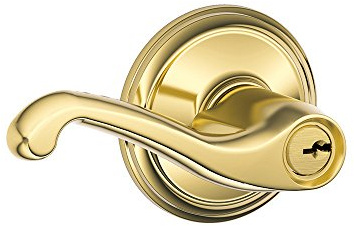 Schlage F51A FLA 605 Flair Lever Keyed Entry Lock, Bright Brass | Keyed entry lever door handle with turn-button lock, Easy to install, Certified security & durability, Universal fit, 2 keys