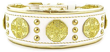 Bestia Maximus Weiss Echtleder Hundehalsband für große Hunde. 100% Leder. | Größe M- 42,5 bis 52,5 cm Halsumfang, Weiss/Gold, 6,3 cm breit