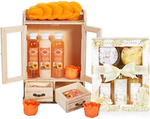 BRUBAKER Cosmetics 2 in 1 Pflegeset Pfirsich & Vanilla Rose Minze - Großes 15-teiliges Wellness Set - Damen Dusch- und Badeset - Frauen Beauty Geschenkset mit Deko Holzschrank