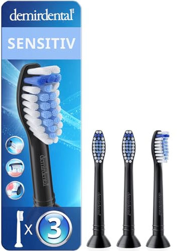 3er demirdental Sensitive Aufsätze passend für Philips Sonicare Ersatzbürsten, Weiche Bürstenköpfe für sensible Zähne, Schwarz, entspricht HX6053b