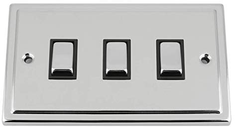 TRIMLINE Polished Chrome Switch 3 Gang Black Insert Metal Rocker Switch (Double Plate)