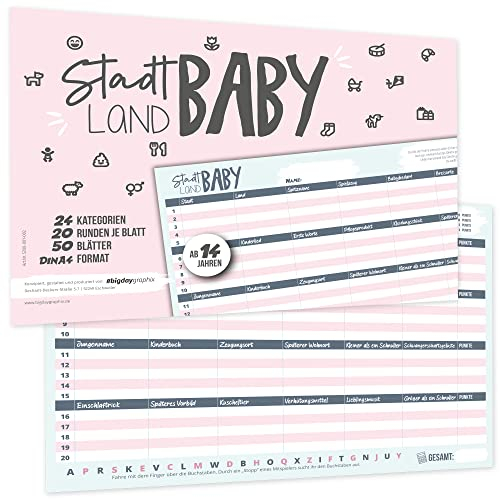 bigdaygraphix Stadt Land Fluss Baby Gesellschaftsspiel Partyspiel zur Babyparty | 50 Seiten A4 Block | für Mädchen & Jungen | Babyparty-Spiel Mint Rosa