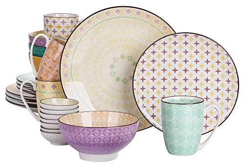 vancasso Tulip Dinnerware Set 24 Pieces Porcelain Dinner Set - Multicolour Japanese Dinner Service Moroccan Crockery with Dinner Plate, Dessert Plate, Cereal Bowl, Saucer and Mug, Service for 4