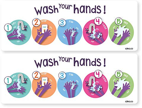 stika.co Handwaschtechnik mit Seife und Wasser für Kinder, NHS empfohlen, WC und Waschraum Hygiene-Hinweisschilder - selbstklebendes Vinyl 200mm x 74mm