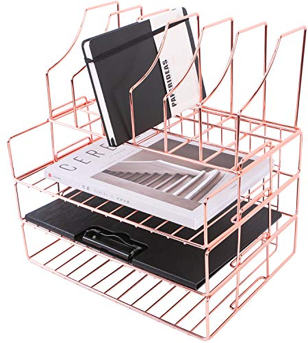 Simmer Stone Stackable File Tray, 3-tier Paper Trays Plus Magazine Holder, Wire Desktop Organizer Rack Shelf for Letters, Documents, Folders and Books, Rose Gold