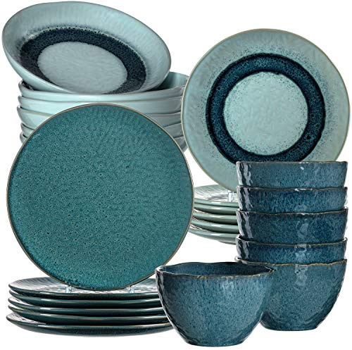 Leonardo Matera Steingut 026059 - Set di stoviglie in grès, 24 pezzi, piatto, ciotole, servizio da tavola lavabile in lavastoviglie, 980 ml, Ø 20,7, 22,5 e 27 cm, colore: Blu