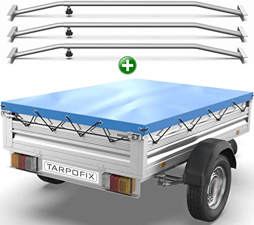 Tarpofix® Bâche pour remorque Plate 257,5 x 134,5 x 8 cm + 3X Arceau de bâche (réglable 100-145 cm) - Bache remorque PVC - Bâche de Couverture pour diverses remorques de Voitures de 750kg & 1000kg