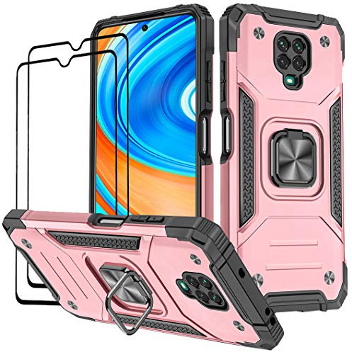 KANSi Cover compatibile per Xiaomi Redmi Note 9 Pro/Redmi Note 9S, Vetro Temperato [2 Pack] Custodie Silicone TPU 360° Rotante Anello Magnetica Anello Ring Supporto Bumper - Rose Gold