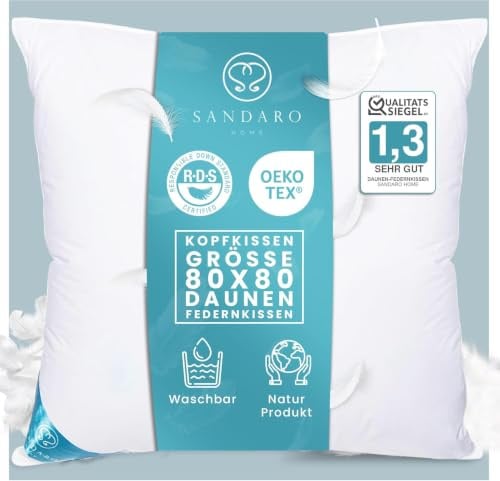 Sandaro Home Kopfkissen 80x80 Daunen-Federn | 3 Kammern Premium Qualität Daunenfedernkissen 80 x 80 cm,100% Natur Bezug aus Reiner Baumwolle, Ultra-Komfort-Schlaf-Kissen,1400 Gramm SH-1