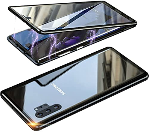 QiiStar Hülle für Samsung Galaxy Note 10 Plus Handyhülle,Magnetische Adsorption Metallrahmen 360 Grad Komplettschutz Hülle Vorne hinten Gehärtetes Glas Schutzhülle Einteiliges Flip Case - Schwarz