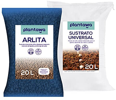 PLANTAWA Bolas Arcilla Expandida 20L + Sustrato Universal 20L, Sustrato para Plantas, Abono Natural para Huerto Urbano, Tierra para Jardín Exterior, Sustratos y Abonos Arlita y Sustrato