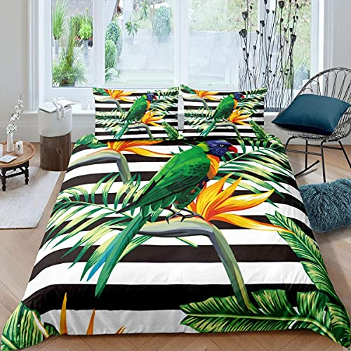 Homewish Tropischer Baum Bettbezug 135x200,Schwarz Weiß Streifen Bettwäsche Set Grüne Pflanze Palmblätter Bettbezug Vogel Papagei Tier Trösterbezug,Botanische Gelbe Blumenbettdecke mit 1 Kissenbezug