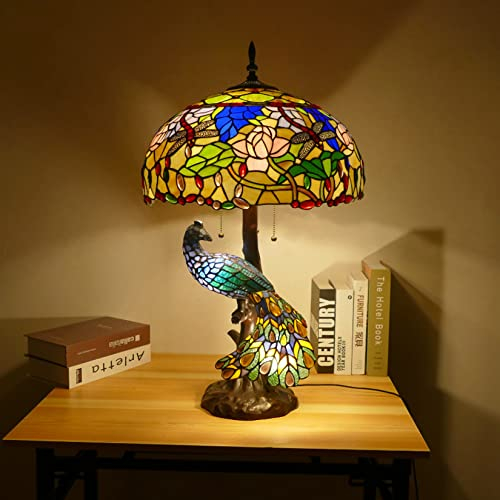 BOTOWI Pfauentischleuchten im Tiffany-Stil, 18-Zoll-Libellen-Buntglas-Leselampe, Lotus-Nachttischlampen mit 5 Lichtern für Wohnzimmer, Schlafzimmer, Café, Bar, E27 * 3 + E14 * 2,B …