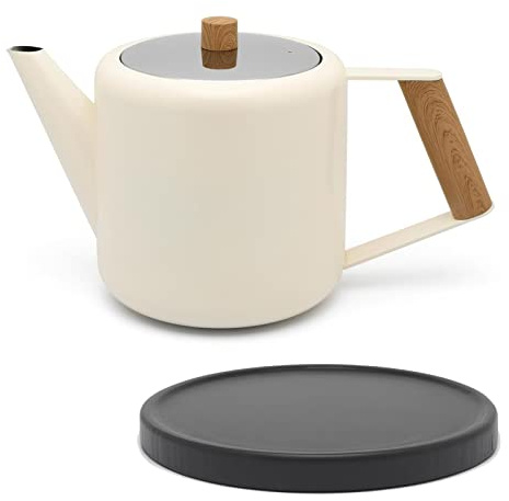 Bredemeijer Teekanne Set 1.1 Liter - Edelstahl doppelwandig Creme-Weiß - Großer moderner Teebereiter ohne Filter - inkl. Holz-Untersetzer schwarz