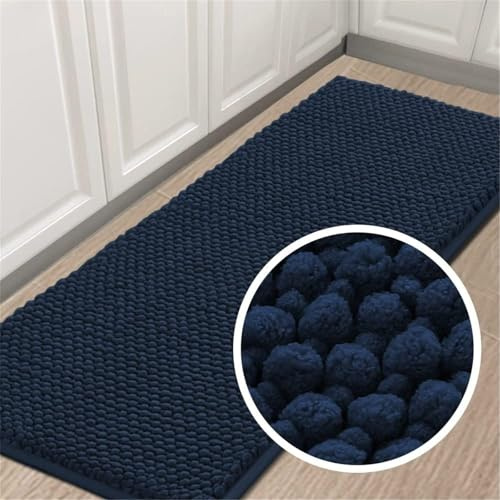 LINGKY Badematte rutschfest 50x150 cm Chenille Badezimmerteppich Saugfähige Badteppich Waschbar Badvorleger Bad Teppich Badezimmer Duschvorleger Badematte Dunkelblau