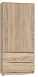 CDF Kleiderschrank 90cm Breit Kinderzimmer Schlafzimmer 2 Schubladen 2-türig Kleiderschrank Eiche Sonoma Zweitüriger Moderne Schrank Alles für Montage Inklusive Garderobenschrank Klamotten Spielzeuge