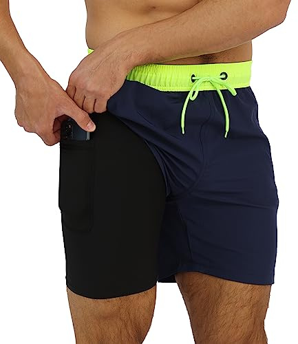 Arcweg Men's Swim Trunks Mens Swimming Shorts with Compression Liner Quick Dry Stretchy 2 in 1 Board Shorts with Zipper Pockets Green+Navy Blue S(UK)